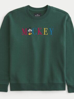Hollister Forest Green Mickey Embroidered Crewneck Sweatshirt
